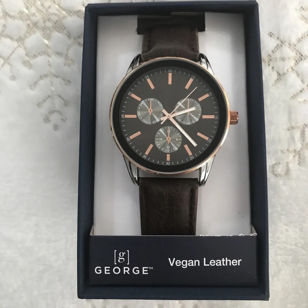 GEORGE Men's Gunmetal Case, Black Easy Read Dial and Cognac Vegan Leather Watch